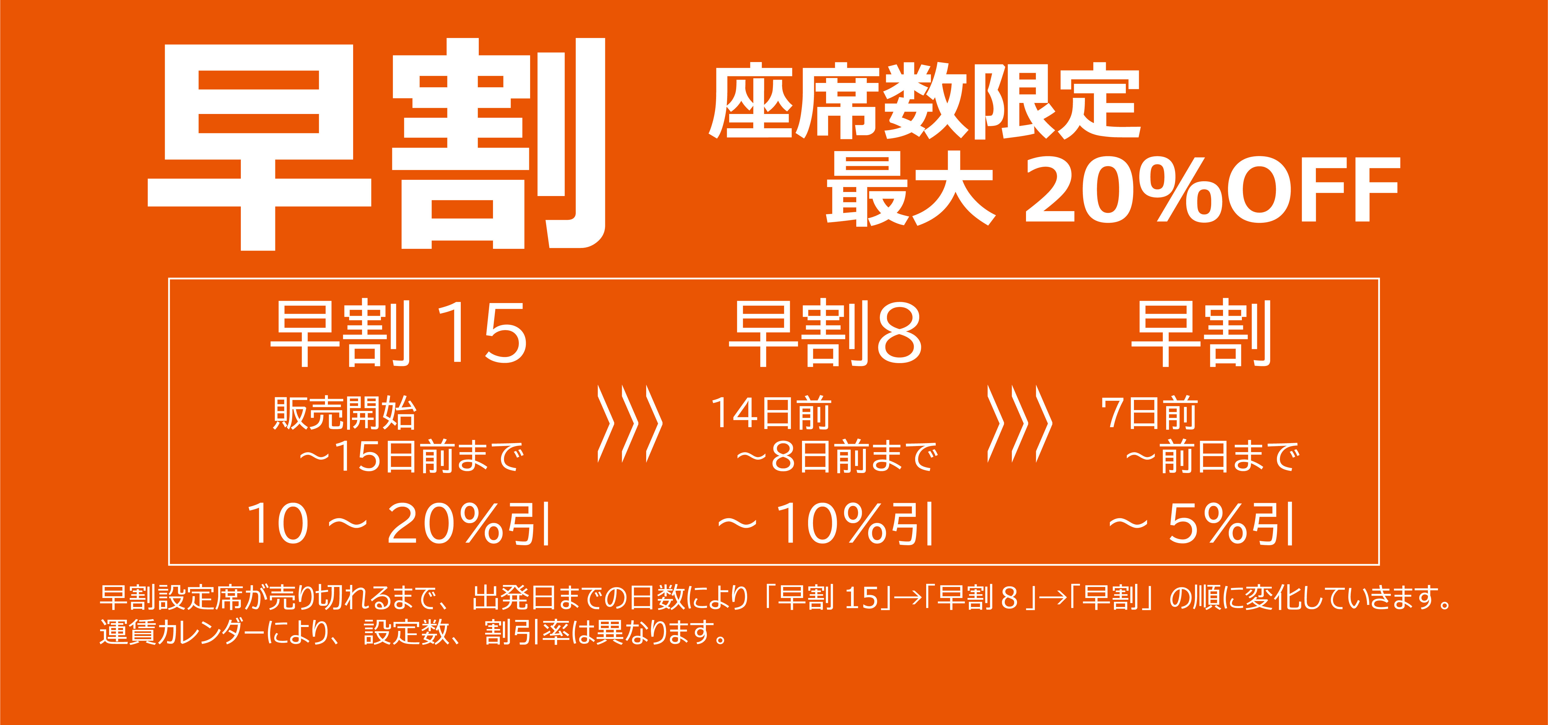 早割　座席数限定 最大20％オフ